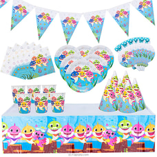 7 In 1 Baby Shark Birthday Decorations  With Birthday Flags, 6 Hats, Plates , Napkins, Blow Outs Whistles And Table Cloth- AJ0571 at Kapruka Online