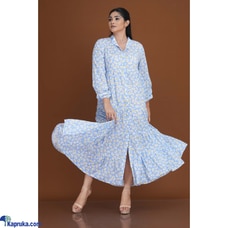 Cotton Silk Printed Floral Frill Long Blue Dress Buy Innovation Revamped Online for CLOTHING