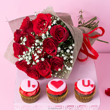 `Te Adoro` 12 Red Rose Bouquet With `I Love You` 3 Piece Cupcake Box  Online for cakes