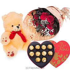 Eternal Love Gift Bundle With Huggable Teddy Bear, Box Of Ferrero Chocolates And A 12 Red Rose Bunch Buy Flower Republic Online for flowers