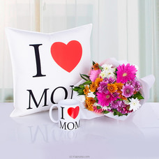 `I Love Mom` Freshing Shades Flower Boquet With Cuddly Pillow And Mug  By Flower Republic  Online for flowers
