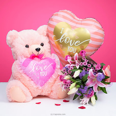 You`re My Everlasting Love, Flower Arrangement With Pink Roses, Lily, Teddy Bear And Foil Balloon Buy valentine Online for specialGifts