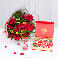 `You Are The Only One` Gift Bundle With Java Chocolate 12 Rose Bouquet And Message Bottle Buy Flower Delivery Online for specialGifts