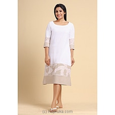 Linen Dress with Applique Embroidery White - Beige at Kapruka Online