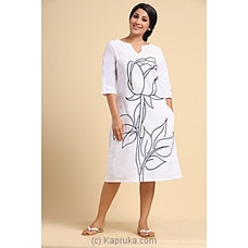 Linen Dress with Embroidered Flower White at Kapruka Online