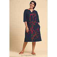 Linen Dress with Embroidered Flower Dark Blue at Kapruka Online