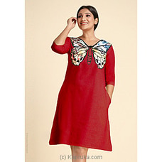 Linen Embroidered Butterfly Dress Red at Kapruka Online