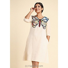 Linen Embroidered Butterfly Dress Beige at Kapruka Online