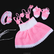 Sleeve-less Crochet Baby Dress For Newborn With Hair Band And Booties (pink And White) at Kapruka Online