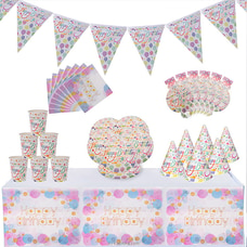 7 In 1 Pink Birthday Decorations  With Birthday Flags, 6 Hats, Plates , Napkins, Blow Outs Whistles And Table Cloth   - AJ0614 Buy party Online for specialGifts