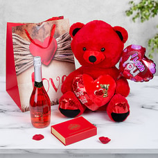 All My Thoughts To You` Red Theme Gift Bundle With Teddy Bear, Non Alcoholic Wine Buy valentine Online for specialGifts