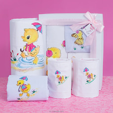 New Born Baby Girl Gift Pack- New Born Gift Hamper - Fabric Hand Painted Yellow Duck Theme Cot Sheet, Pillow Cases, And Bath Towel Buy First Smile Online for specialGifts
