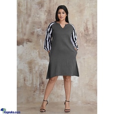 Slab Linen Dress with Batik Sleeves-Ash Buy INNOVATION REVAMPED Online for specialGifts