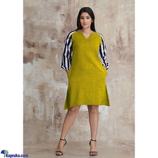 Slab Linen Dress with Batik Sleeves-Yellow Green Buy INNOVATION REVAMPED Online for specialGifts