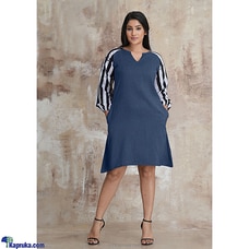 Slab Linen Dress with Batik Sleeves-Dark Blue Buy INNOVATION REVAMPED Online for specialGifts
