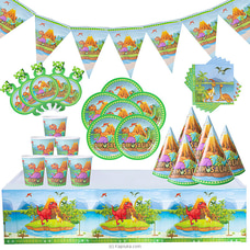 7 In 1 Dinosaur Birthday Decorations  With Birthday Flags, 6 Hats, Plates , Napkins, Blow Outs Whistles And Table Cloth- AJ0571 Buy party Online for specialGifts