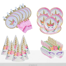 4 In 1 `unicorn` Birthday Celebration Pack With Eye Masks, Paper Cups, Hats, Plates And Blowout Whistles 0832066 Buy party Online for specialGifts