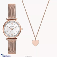 Fossil Carlie Three-Hand Rose Gold-Tone Stainless Steel Mesh Watch And Necklace Box Set ES5314SET Buy valentine Online for specialGifts
