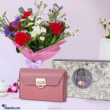 Rosey Revello Bundle - Shoulder Bag with flower Bouquet and Revello chocolate - For Birthday, For her Buy combo gift pack Online for specialGifts
