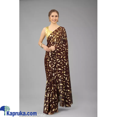 Gold Foil Feathers Printed Satin Silk Brown Saree Online at Kapruka | Product# EF_PC_CLOT0V154POD00053