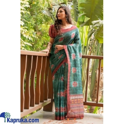 Soft Linen Cotton Saree With Beautiful Digital Print And Zari Lining All Over With Tassels At Pallu Online at Kapruka | Product# EF_PC_CLOT0V154POD00167