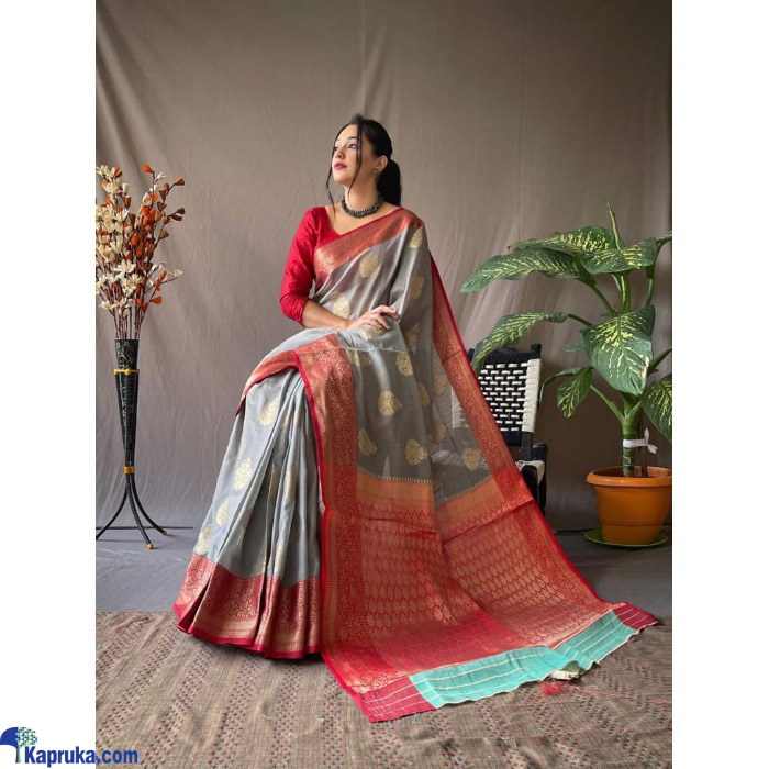 Original Linen Saree With Chap Border And Gold Weaved Mottifis Online at Kapruka | Product# EF_PC_CLOT0V154POD00479