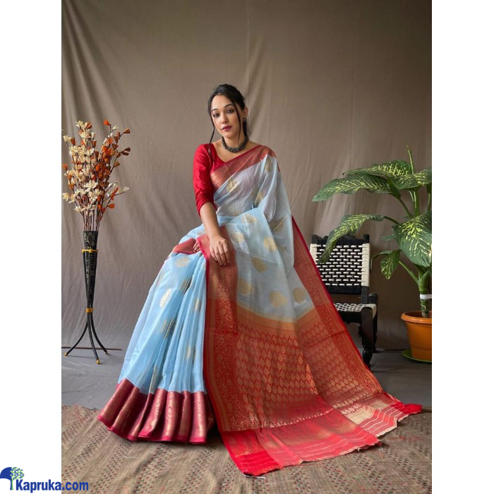 Original Linen Saree With Chap Border And Gold Weaved Mottifis Online at Kapruka | Product# EF_PC_CLOT0V154POD00480