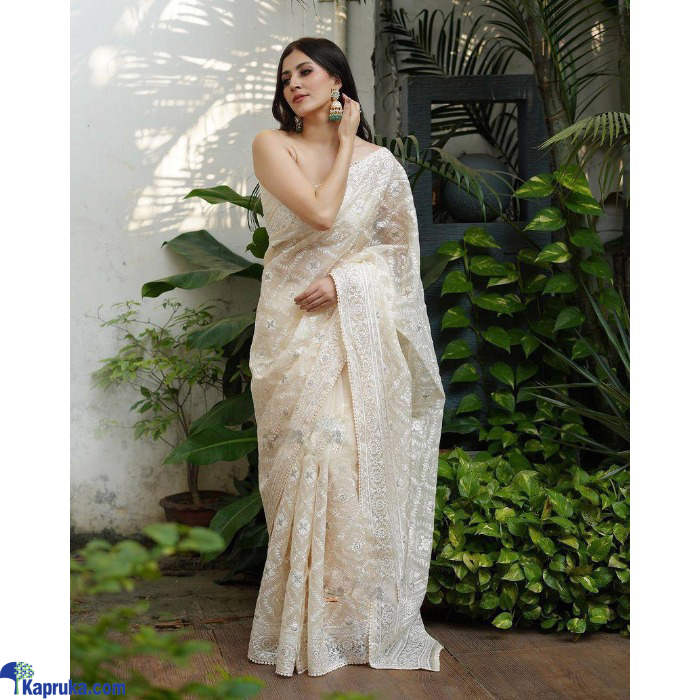 Pure Soft Off- White Silk Organza Saree With Lucknowi Online at Kapruka | Product# EF_PC_CLOT0V154POD00575