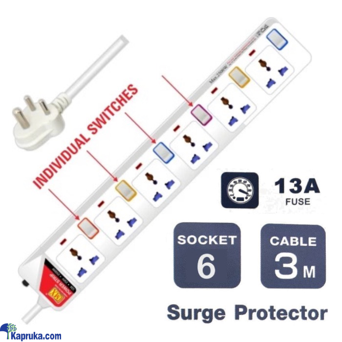 6 Way Plug Socket Outlets With 3 Meter Extension Cord Universal Power Strip Wire Charger Online at Kapruka | Product# EF_PC_ELEC0V671P00011