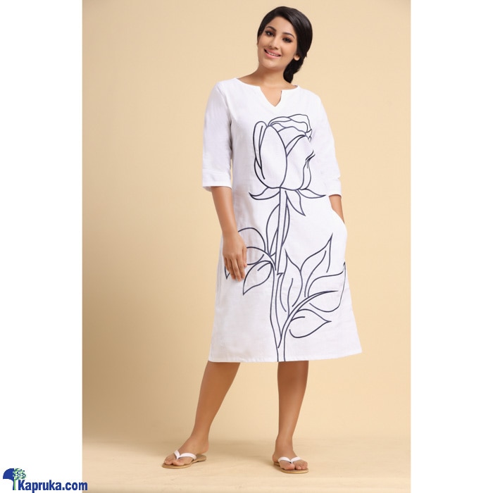 Linen Dress With Embroidered Flower White Online at Kapruka | Product# clothing02955