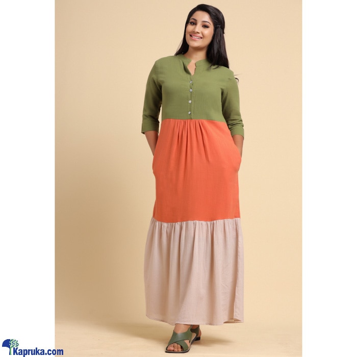 Crepe Voile Tri- Colour Dress Green, Orange - Beige Online at Kapruka | Product# clothing02956