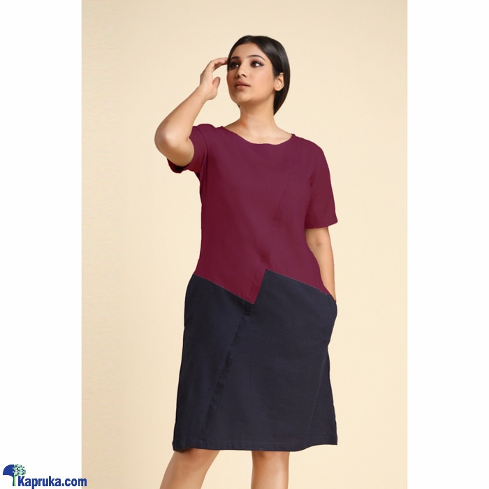 Linen Two- Tone Pintuck Dress Dark Red Online at Kapruka | Product# clothing03605