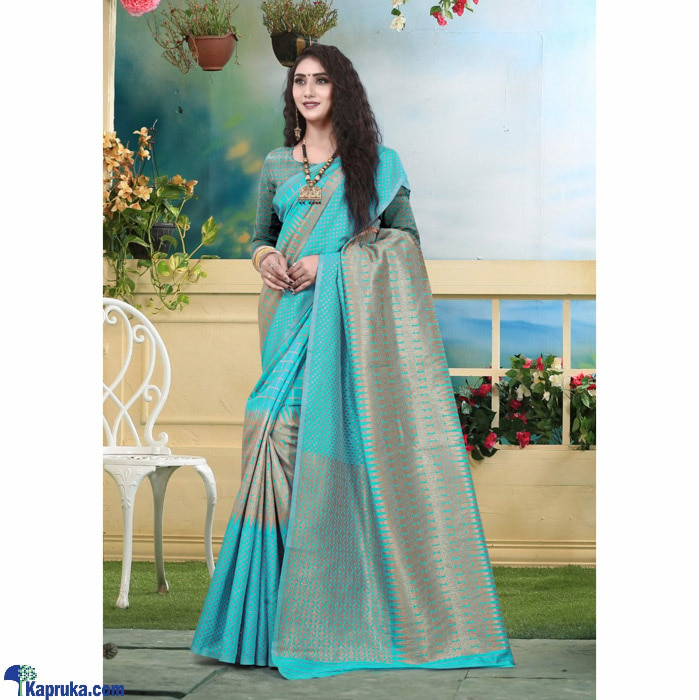 Light Blue Mix Gold Litchi Silk Saree Online at Kapruka | Product# clothing03870