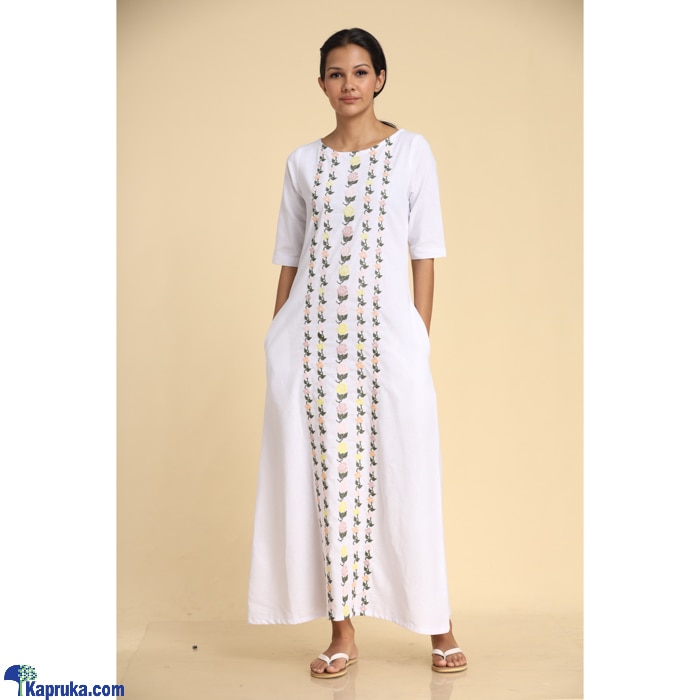 Linen Embroidered Long Dress White Online at Kapruka | Product# clothing03947