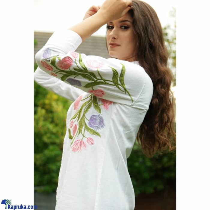 White Linen Long Top With Embroidery Sleeve Dress Online at Kapruka | Product# clothing03952