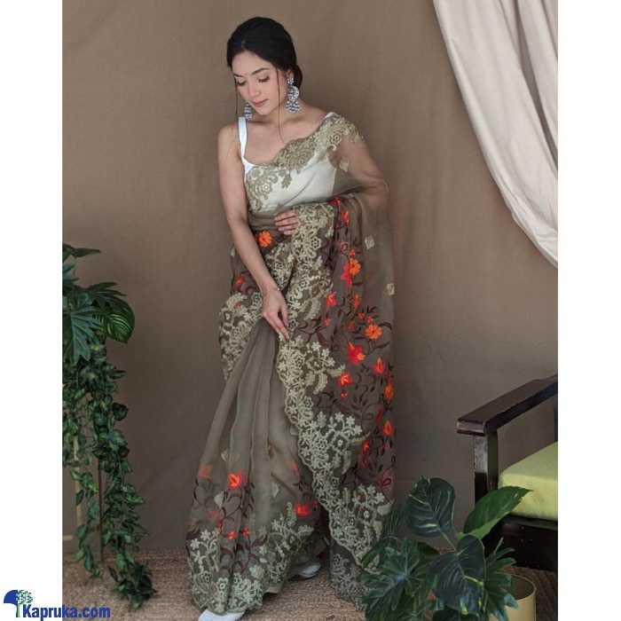 Dark Green Pure Oraganza Beautiful Embroidery Cutwork Borders Saree Online at Kapruka | Product# clothing04178