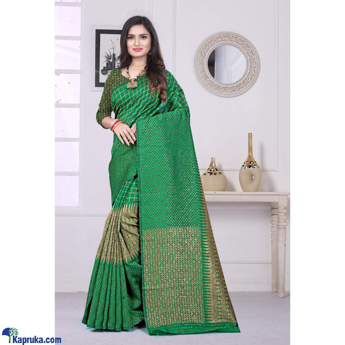 Green Mix Gold Litchi Silk Weaving Border Saree Online at Kapruka | Product# clothing04173