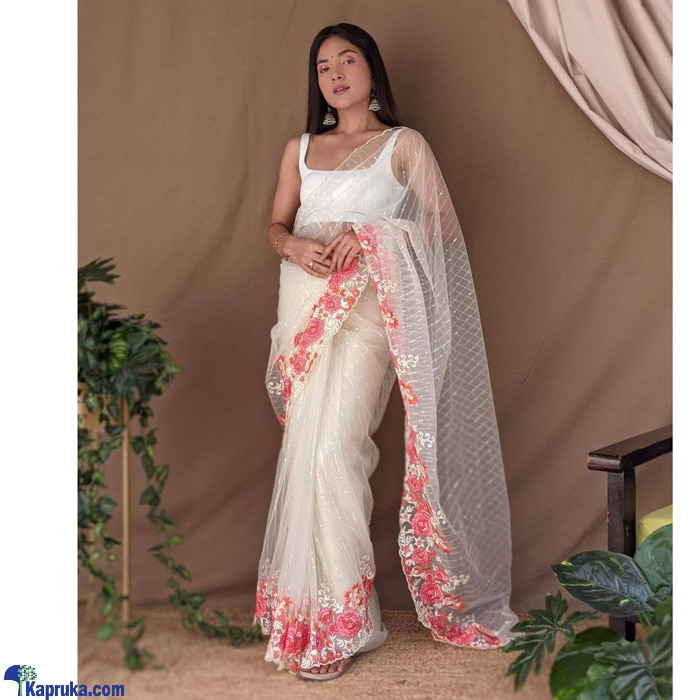 White Fancy Soft Super Net Beautiful Sequencing Lining - Embroidery Flower Work Saree Online at Kapruka | Product# clothing04179