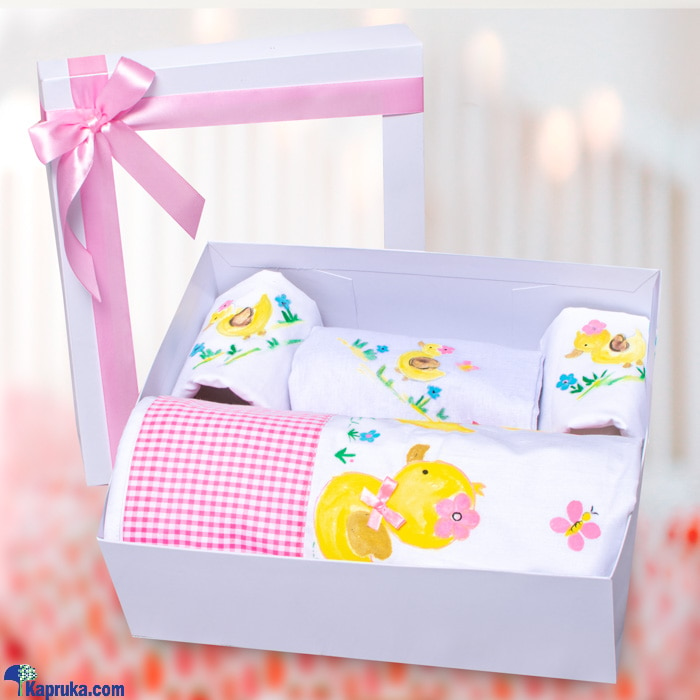 New Born Baby Girl Gift Pack- New Born Gift Hamper - Fabric Hand Painted Duck Theme Cot Sheet, Pillow Cases, And Bath Towel Online at Kapruka | Product# babypack00587