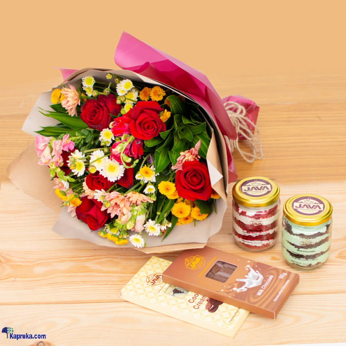 Joyful Celebration 6 Red Roses Flower Boqute Java Chocolate Slabs And Java Cake Jars Online at Kapruka | Product# flowers00T1320