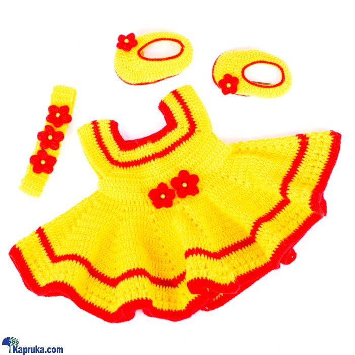 Crochet Baby Dress For Newborn With Hair Band And Booties ( Yellow And Red) Online at Kapruka | Product# babypack00671