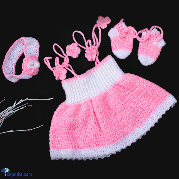 Sleeve- Less Crochet Baby Dress For Newborn With Hair Band And Booties (pink And White) Online at Kapruka | Product# babypack00673