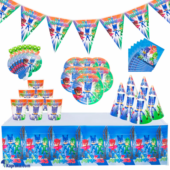 7 In 1 PJ Mask Birthday Decorations With Birthday Flags, 6 Hats, Plates , Napkins, Blow Outs Whistles And Table Cloth AJ0501 Online at Kapruka | Product# partyP00193