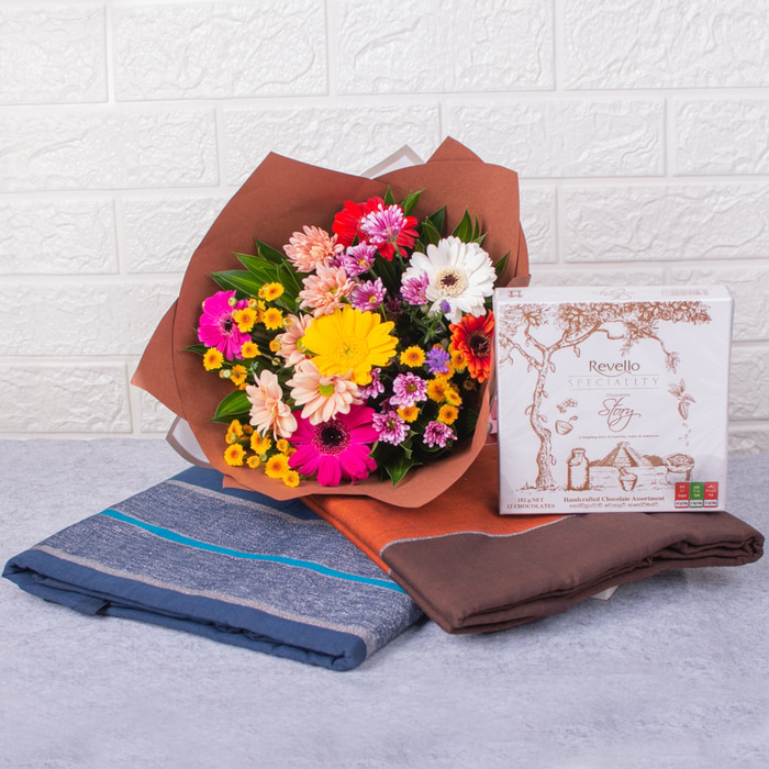 'be Beautiful Gift Set,two Standard Cotton Sarees,flower Bouquet With Revello Specialty Chocolate Story Pack ' Online at Kapruka | Product# clothing05477