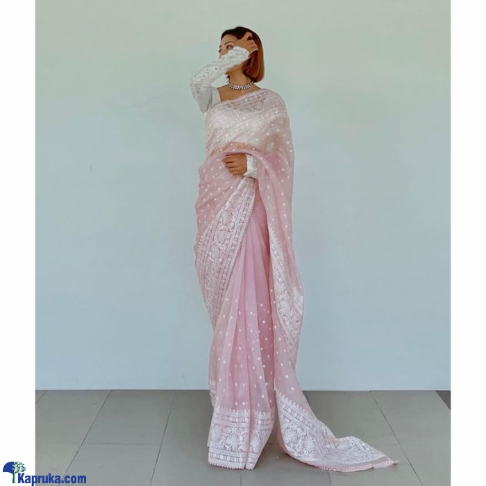 Organza Silk Febric With Thred Work With Fancy Lace Saree Pink Online at Kapruka | Product# clothing05684