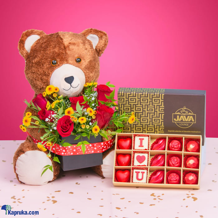 Cuddles Of Love - Teddy With Flower Holder And Java 12 Piece Chocolate Online at Kapruka | Product# flowers00T1369