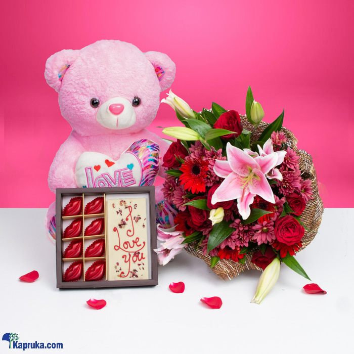 'from Bottom Of My Heart', Flower Arrangement With Teddy Bear And Java Chocolate Online at Kapruka | Product# flowers00T1370