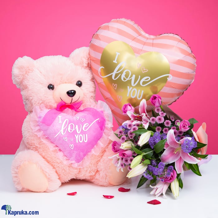 You're My Everlasting Love, Flower Arrangement With Pink Roses, Lily, Teddy Bear And Foil Balloon Online at Kapruka | Product# flowers00T1373