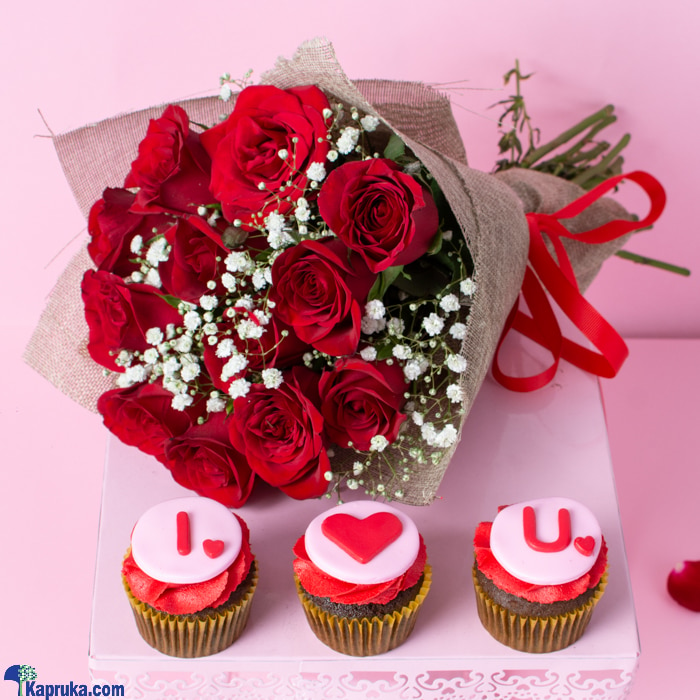 'te Adoro' 12 Red Rose Bouquet With 'I Love You' 3 Piece Cupcake Box Online at Kapruka | Product# cake00KA001440