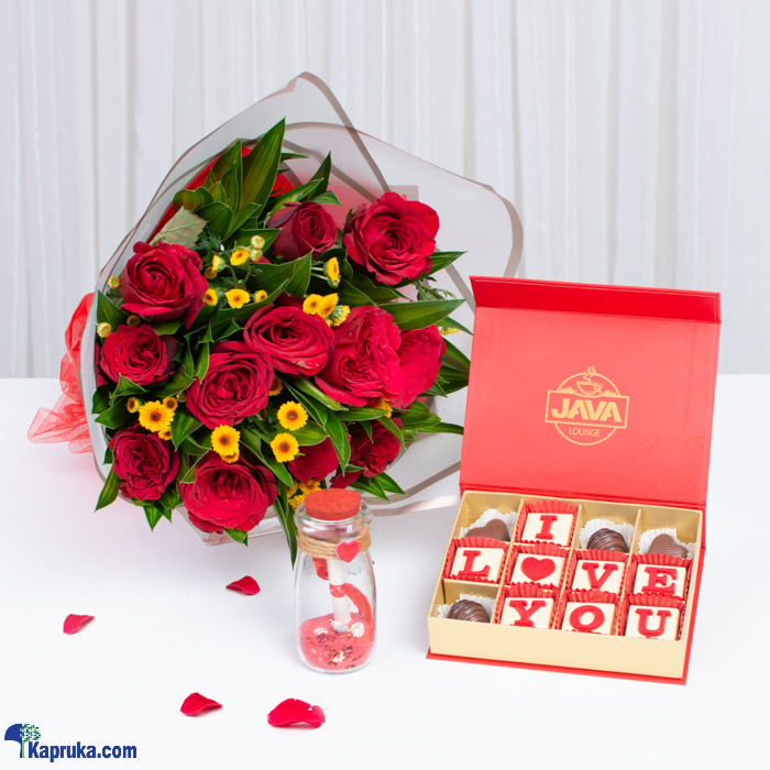 'you Are The Only One' Gift Bundle With Java Chocolate 12 Rose Bouquet And Message Bottle Online at Kapruka | Product# flowers00T1385